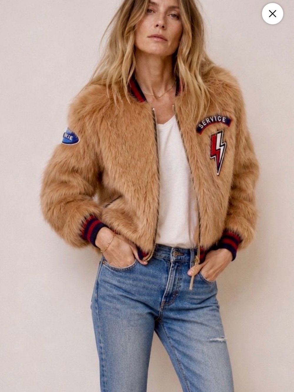 MOTHER Camel Faux Fur Bomber Jacket with Patch Details